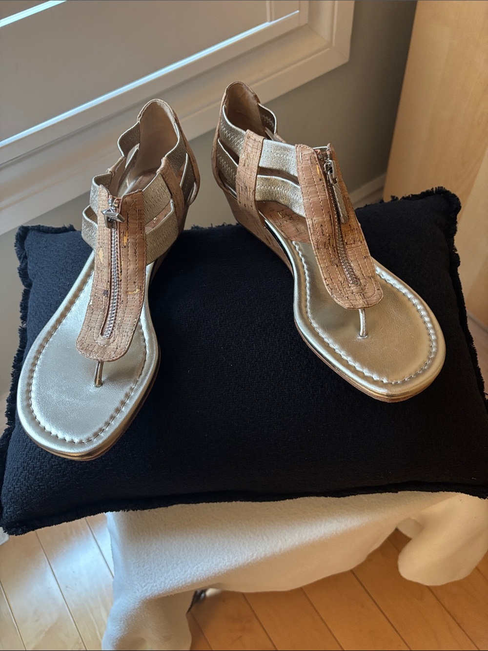Donald J. Pliner Metallic Gold and Cork T-Strap Sandals